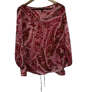 Talbots Blouse Women 16 Petite Red Floral Silk Long Sleeve Semi Sheer Career Top